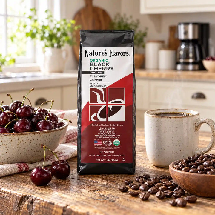 Nature’s Flavors Organic Decaf Black Cherry Flavored Coffee Beans, 1 lb. Ground, in a black labeled bag with whole roasted coffee beans and a filled coffee drink in a bright farmhouse kitchen.