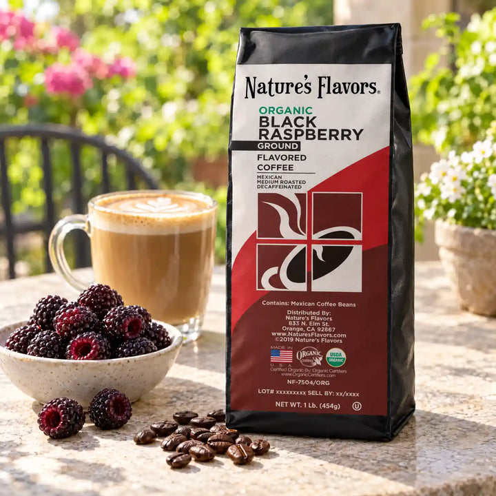 Nature’s Flavors Organic Decaf Black Raspberry Flavored Coffee Beans, 1 lb. Ground, in a black labeled bag beside black raspberries, whole roasted coffee beans and a filled coffee drink in a bright coffee scene.