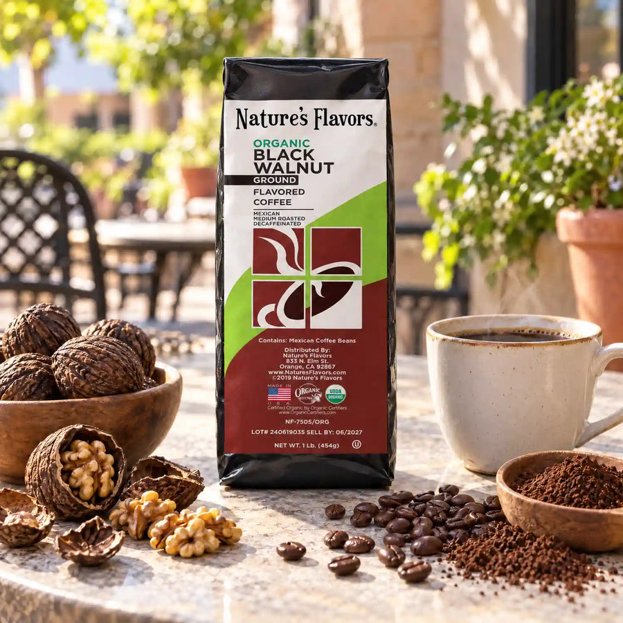 Nature’s Flavors Organic Decaf Black Walnut Flavored Coffee Beans, 1 lb. Ground, beside flavor cues, roasted coffee beans, grounds and a filled coffee drink in a bright lifestyle scene.
