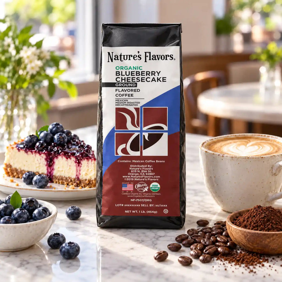 Nature’s Flavors Organic Decaf Blueberry Cheesecake Flavored Coffee Beans, 1 lb. Ground, beside flavor cues, roasted coffee beans, grounds and a filled coffee drink in a bright lifestyle scene.