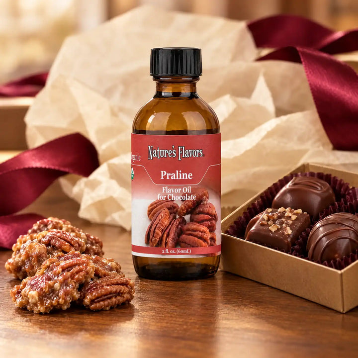 Nature's Flavors Organic Praline Flavor Oil For Chocolate, 2-ounce bottle, with pecan praline and boxed chocolates.