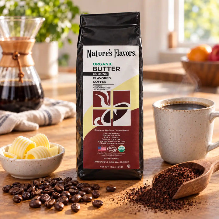 Nature’s Flavors Organic Decaf Butter Flavored Coffee Beans, 1 lb. Ground, beside flavor cues, roasted coffee beans, grounds and a filled coffee drink in a bright lifestyle scene.