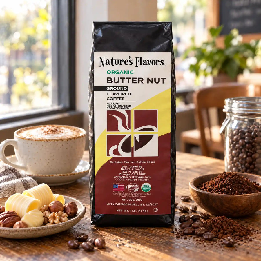 Nature’s Flavors Organic Decaf Butter Nut Flavored Coffee Beans, 1 lb. Ground, beside flavor cues, roasted coffee beans, grounds and a filled coffee drink in a bright lifestyle scene.