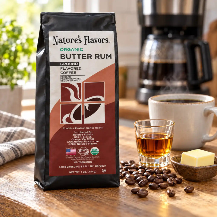 Nature’s Flavors Organic Decaf Butter Rum Flavored Coffee Beans, 1 lb. Ground, in a black labeled bag beside butter and a small glass of rum, whole roasted coffee beans and a filled coffee drink in a bright coffee scene.