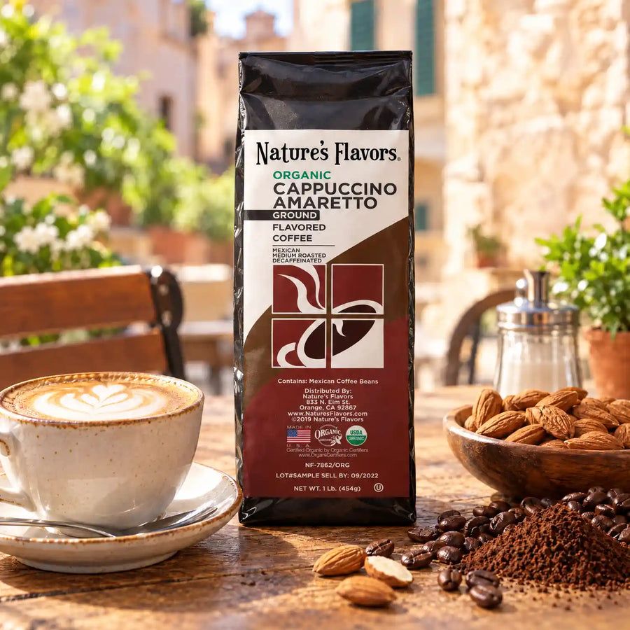 Nature’s Flavors Organic Decaf Cappuccino Amaretto Flavored Coffee Beans, 1 lb. Ground, beside flavor cues, roasted coffee beans, grounds and a filled coffee drink in a bright lifestyle scene.
