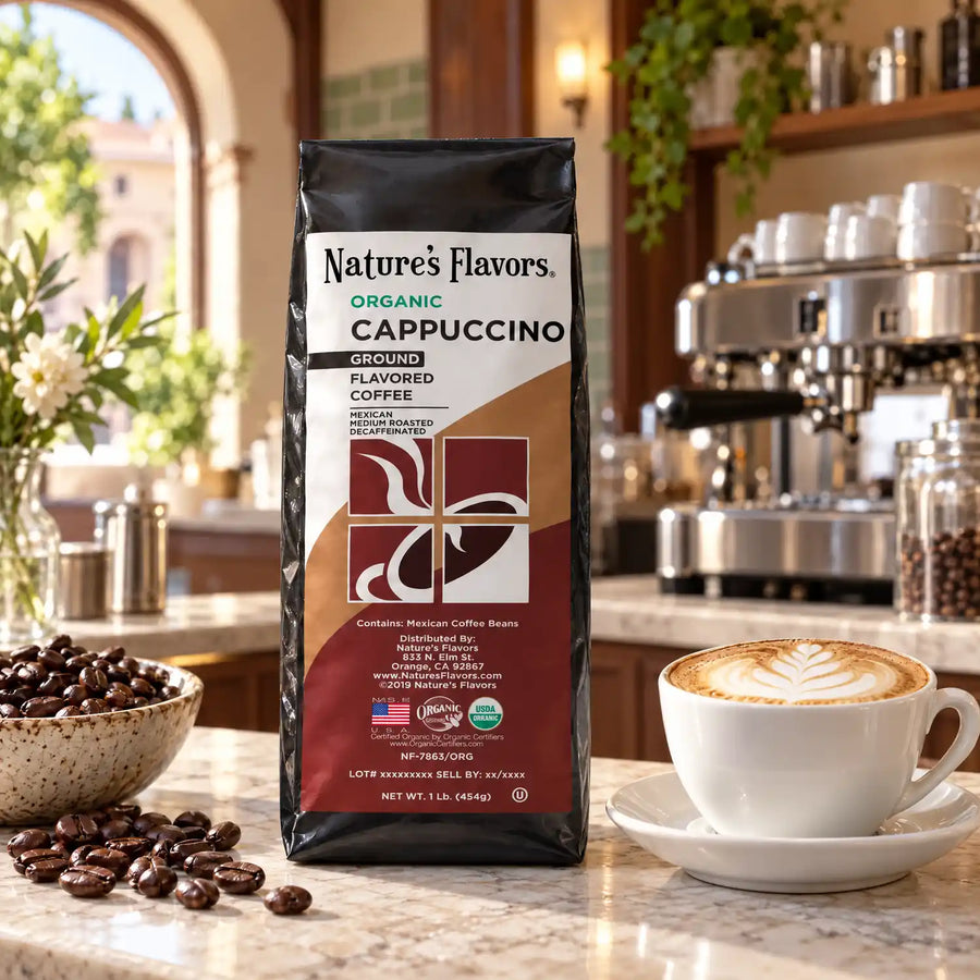Nature’s Flavors Organic Decaf Cappuccino Flavored Coffee Beans, 1 lb. Ground, on a cream stone counter in a bright Italian coffee shop, with roasted coffee beans on the left and a filled cappuccino with rosetta latte art on the right.