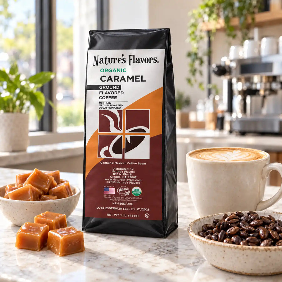 Nature’s Flavors Organic Decaf Caramel Flavored Coffee Beans, 1 lb. Ground, in a black labeled bag with whole roasted coffee beans and a filled coffee drink in the retained bright scene.