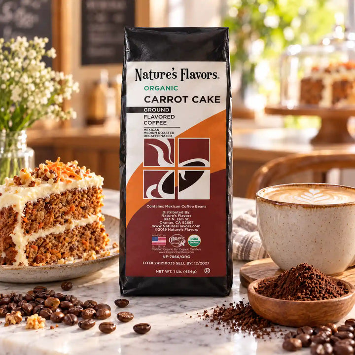Nature’s Flavors Organic Decaf Carrot Cake Flavored Coffee Beans, 1 lb. Ground, beside flavor cues, roasted coffee beans, grounds and a filled coffee drink in a bright lifestyle scene.