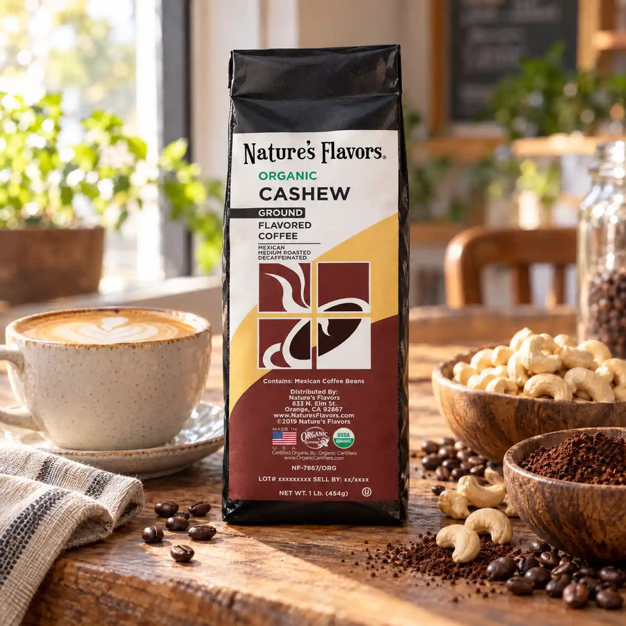 Nature’s Flavors Organic Decaf Cashew Flavored Coffee Beans, 1 lb. Ground, beside flavor cues, roasted coffee beans, grounds and a filled coffee drink in a bright lifestyle scene.