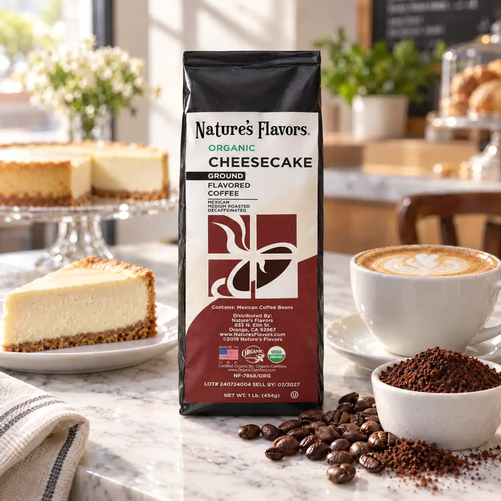 Nature’s Flavors Organic Decaf Cheesecake Flavored Coffee Beans, 1 lb. Ground, beside flavor cues, roasted coffee beans, grounds and a filled coffee drink in a bright lifestyle scene.