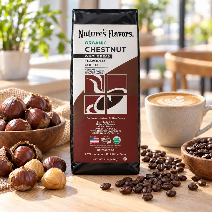 Nature's Flavors Organic Decaf Chestnut Flavored Coffee Beans, 1 lb. Whole Bean, in a bright coffee lifestyle scene.