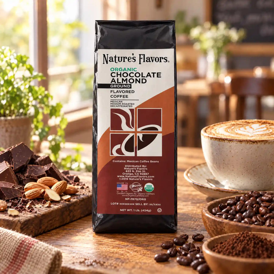 Nature’s Flavors Organic Decaf Chocolate Almond Flavored Coffee Beans, 1 lb. Ground, beside flavor cues, roasted coffee beans, grounds and a filled coffee drink in a bright lifestyle scene.