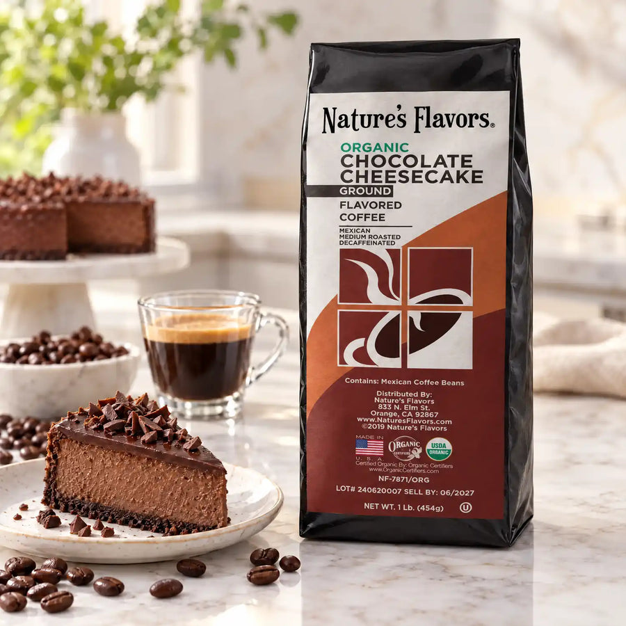 Nature’s Flavors Organic Decaf Chocolate Cheesecake Flavored Coffee Beans, 1 lb. Ground, in a black labeled bag beside chocolate cheesecake, whole roasted coffee beans and a filled coffee drink in a bright coffee scene.