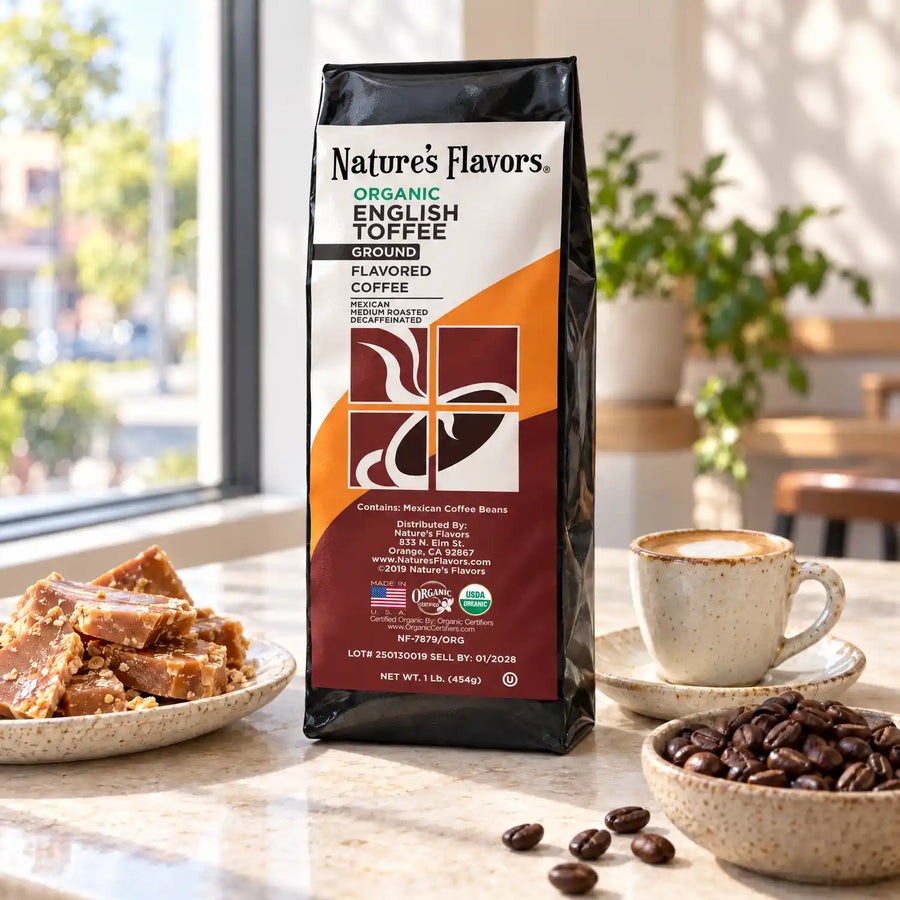 Nature’s Flavors Organic Decaf English Toffee Flavored Coffee Beans, 1 lb. Ground, in a black labeled bag with whole roasted coffee beans and a filled coffee drink in the retained bright scene.
