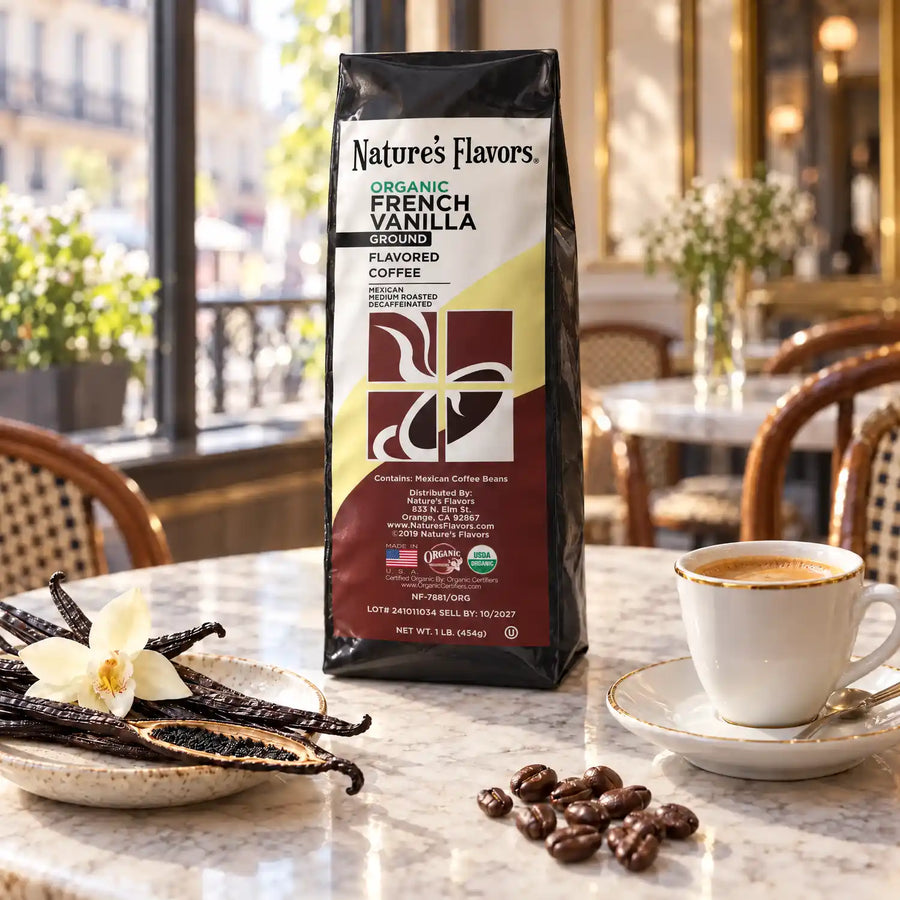Nature’s Flavors Organic Decaf French Vanilla Flavored Coffee Beans, 1 lb. Ground, in a black labeled bag with whole roasted coffee beans and a filled coffee drink in a French coffee shop with espresso.