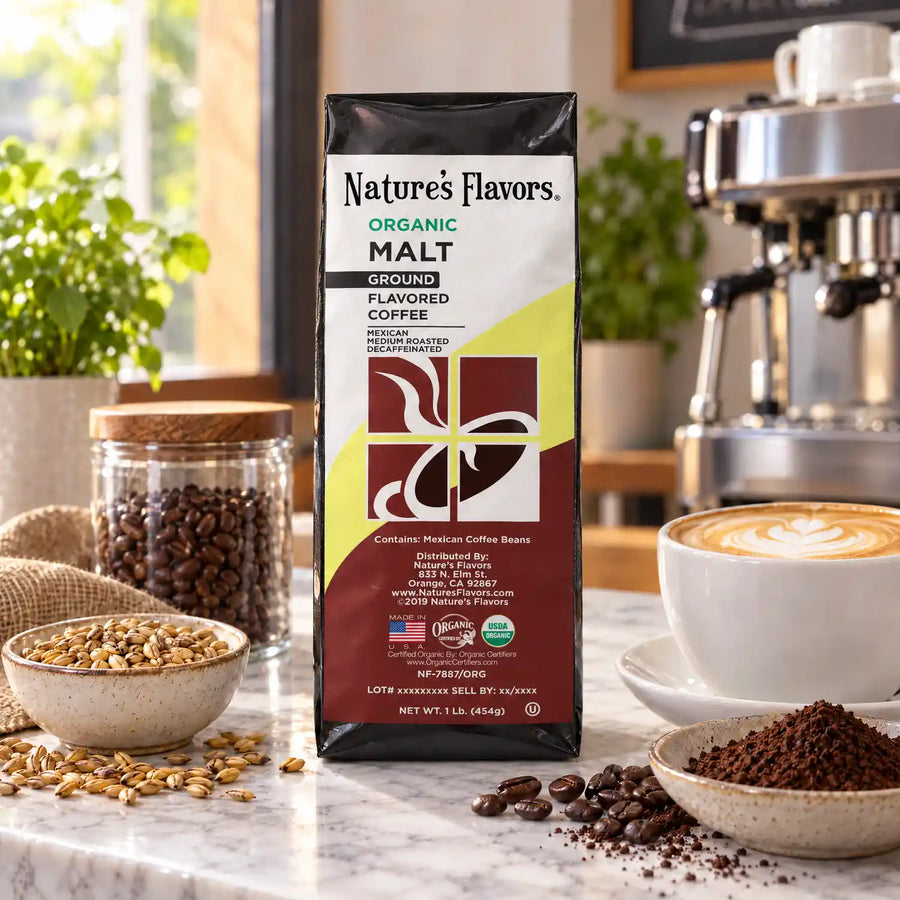 Nature’s Flavors Organic Decaf Malt Flavored Coffee Beans, 1 lb. Ground, beside flavor cues, roasted coffee beans, grounds and a filled coffee drink in a bright lifestyle scene.