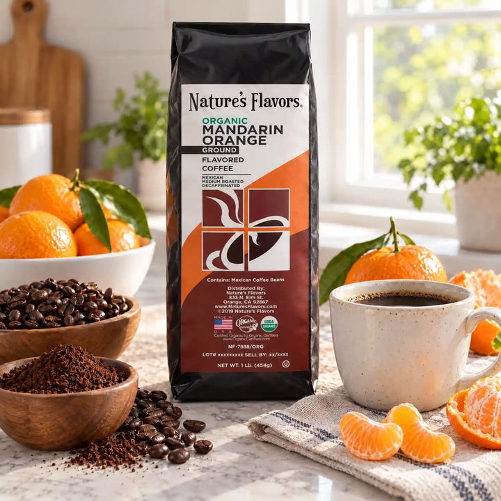 Nature’s Flavors Organic Decaf Mandarin Orange Flavored Coffee Beans, 1 lb. Ground, beside flavor cues, roasted coffee beans, grounds and a filled coffee drink in a bright lifestyle scene.