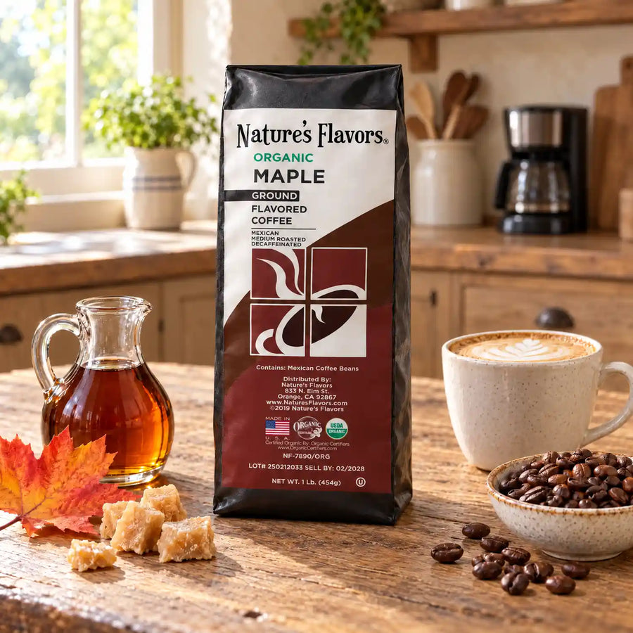 Nature’s Flavors Organic Decaf Maple Flavored Coffee Beans, 1 lb. Ground, on a rustic kitchen table beside maple syrup, maple sugar, roasted coffee beans and a filled latte, with a coffee maker in the background.