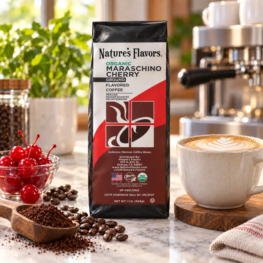 Nature’s Flavors Organic Decaf Maraschino Cherry Flavored Coffee Beans, 1 lb. Ground, beside flavor cues, roasted coffee beans, grounds and a filled coffee drink in a bright lifestyle scene.