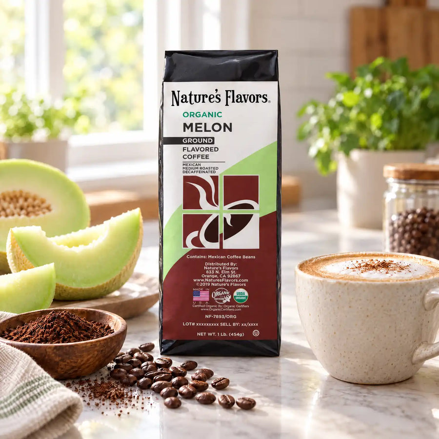 Nature’s Flavors Organic Decaf Melon Flavored Coffee Beans, 1 lb. Ground, beside flavor cues, roasted coffee beans, grounds and a filled coffee drink in a bright lifestyle scene.