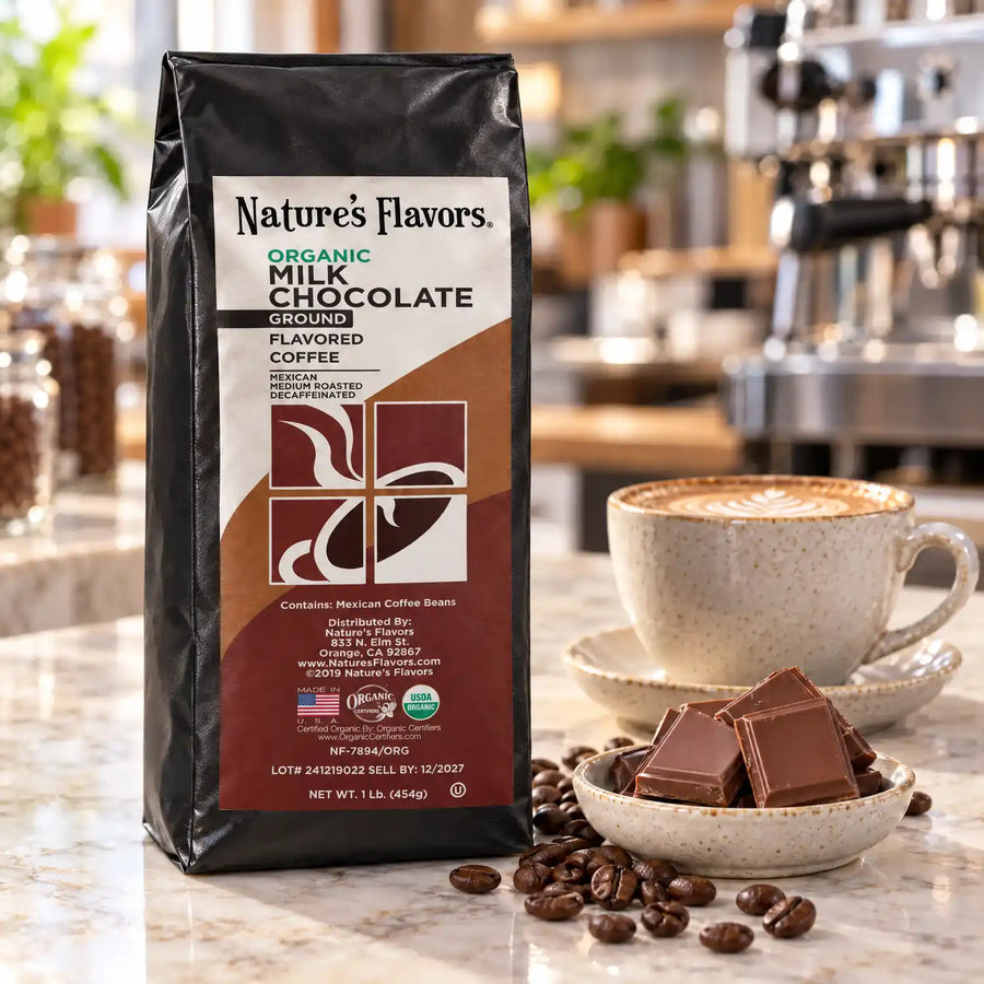 Nature’s Flavors Organic Decaf Milk Chocolate Flavored Coffee Beans, 1 lb. Ground, in a black labeled bag beside milk chocolate, whole roasted coffee beans and a filled coffee drink in a bright coffee scene.