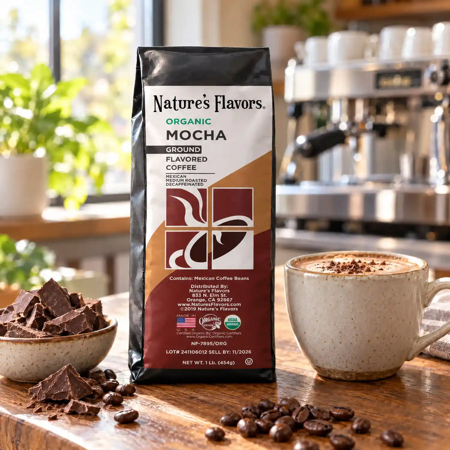 Nature’s Flavors Organic Decaf Mocha Flavored Coffee Beans, 1 lb. Ground, in a black labeled bag with whole roasted coffee beans and a filled coffee drink in a bright coffee shop.