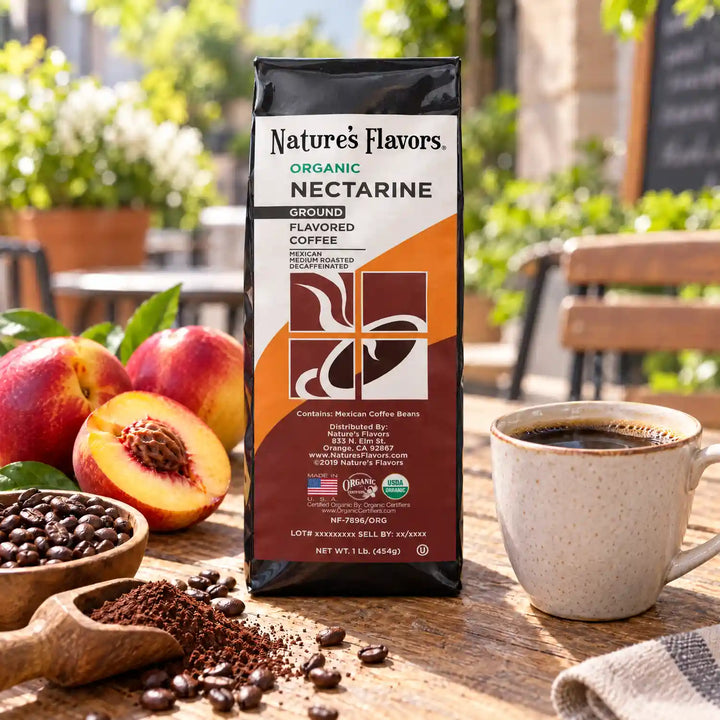 Nature’s Flavors Organic Decaf Nectarine Flavored Coffee Beans, 1 lb. Ground, beside flavor cues, roasted coffee beans, grounds and a filled coffee drink in a bright lifestyle scene.
