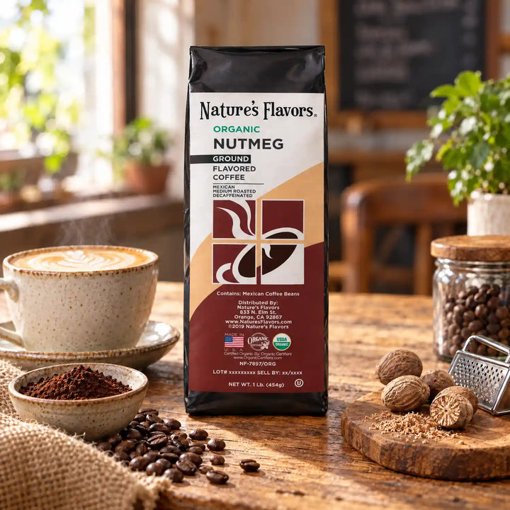 Nature’s Flavors Organic Decaf Nutmeg Flavored Coffee Beans, 1 lb. Ground, beside flavor cues, roasted coffee beans, grounds and a filled coffee drink in a bright lifestyle scene.