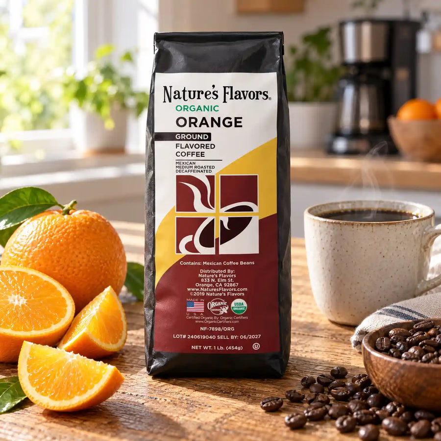 Nature’s Flavors Organic Decaf Orange Flavored Coffee Beans, 1 lb. Ground, in a black labeled bag with whole roasted coffee beans and a filled coffee drink in a bright home breakfast kitchen.