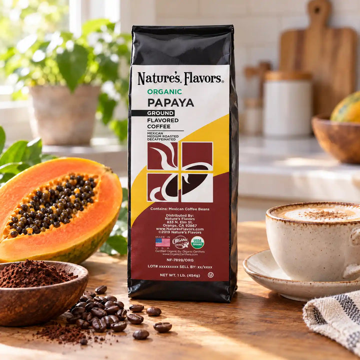 Nature’s Flavors Organic Decaf Papaya Flavored Coffee Beans, 1 lb. Ground, beside flavor cues, roasted coffee beans, grounds and a filled coffee drink in a bright lifestyle scene.