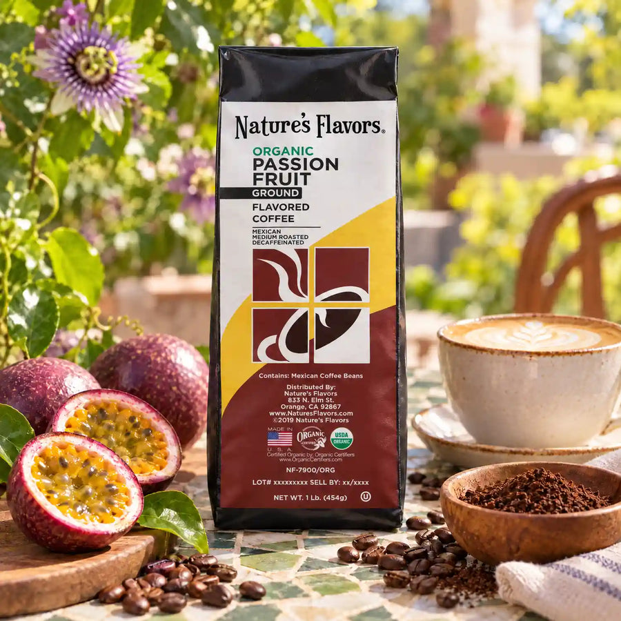 Nature’s Flavors Organic Decaf Passion Fruit Flavored Coffee Beans, 1 lb. Ground, beside flavor cues, roasted coffee beans, grounds and a filled coffee drink in a bright lifestyle scene.