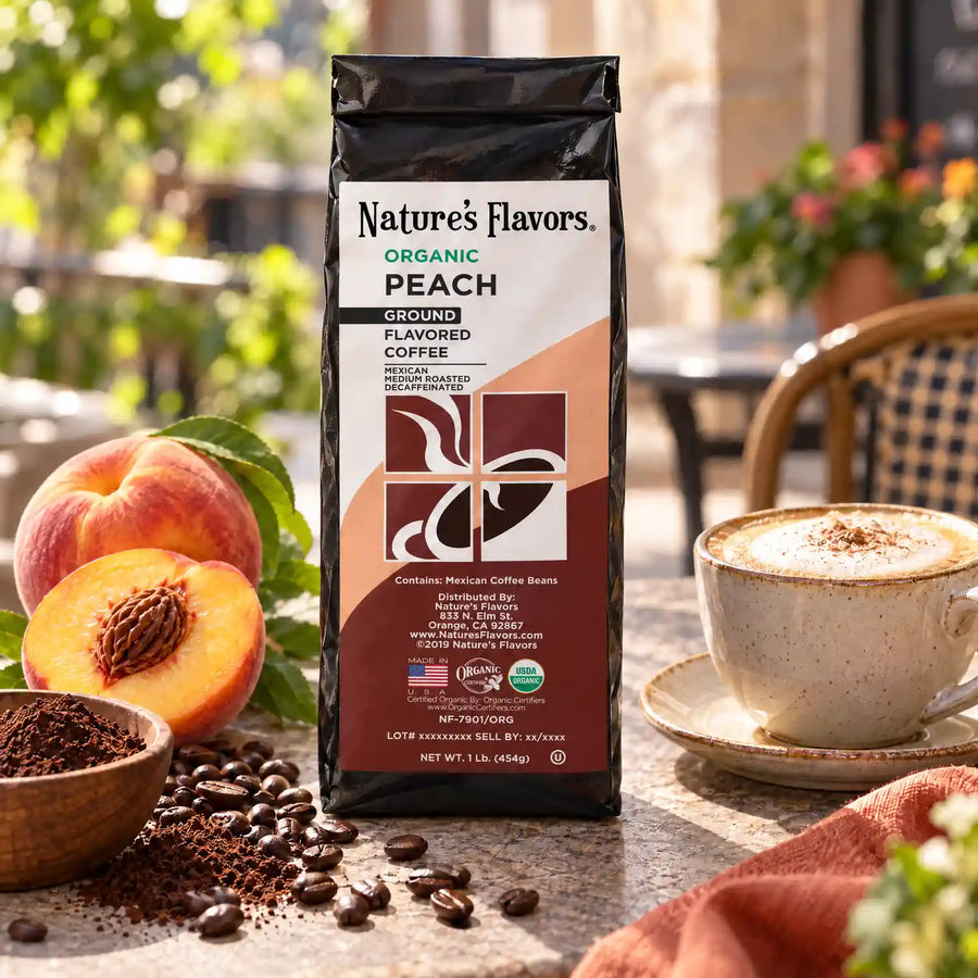 Nature’s Flavors Organic Decaf Peach Flavored Coffee Beans, 1 lb. Ground, beside flavor cues, roasted coffee beans, grounds and a filled coffee drink in a bright lifestyle scene.