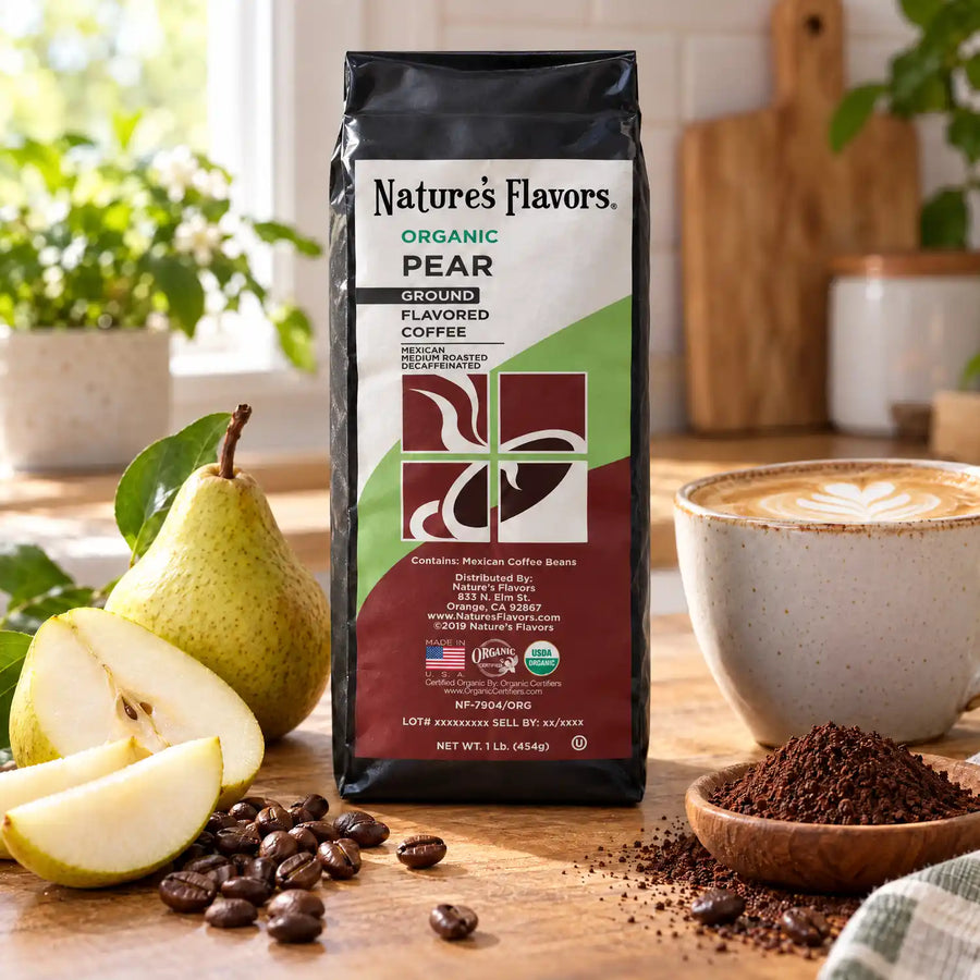 Nature’s Flavors Organic Decaf Pear Flavored Coffee Beans, 1 lb. Ground, beside flavor cues, roasted coffee beans, grounds and a filled coffee drink in a bright lifestyle scene.