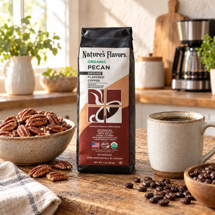 Nature’s Flavors Organic Decaf Pecan Flavored Coffee Beans, 1 lb. Ground, in a black labeled bag with whole roasted coffee beans and a filled coffee drink in a bright rustic kitchen.