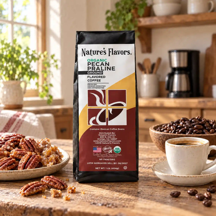 Nature’s Flavors Organic Decaf Pecan Praline Flavored Coffee Beans, 1 lb. Ground, on a rustic kitchen table beside pecan pralines, roasted coffee beans and a filled coffee cup, with a coffee maker in the background.