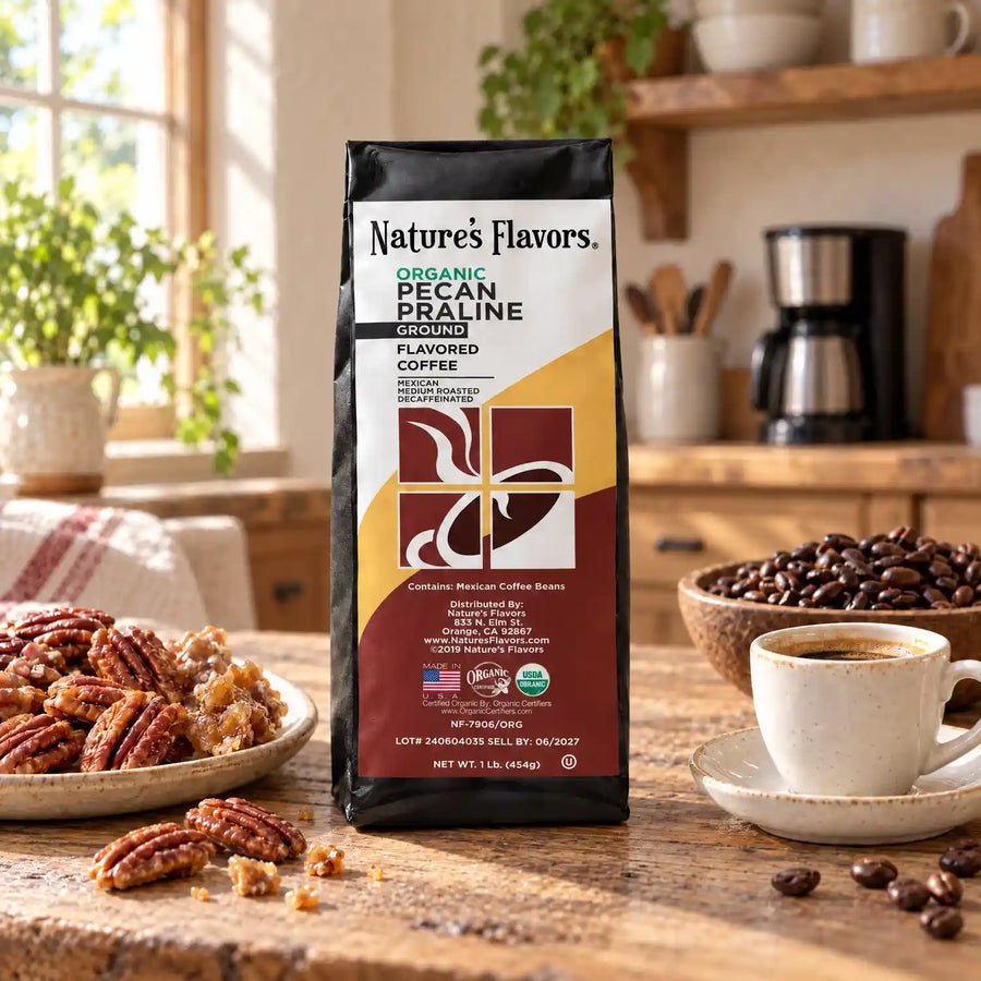 Nature’s Flavors Organic Decaf Pecan Praline Flavored Coffee Beans, 1 lb. Ground, on a rustic kitchen table beside pecan pralines, roasted coffee beans and a filled coffee cup, with a coffee maker in the background.