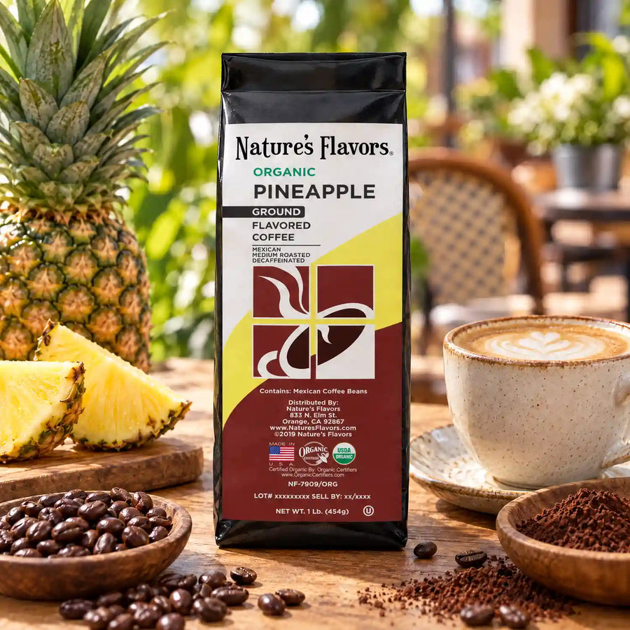 Nature’s Flavors Organic Decaf Pineapple Flavored Coffee Beans, 1 lb. Ground, beside flavor cues, roasted coffee beans, grounds and a filled coffee drink in a bright lifestyle scene.
