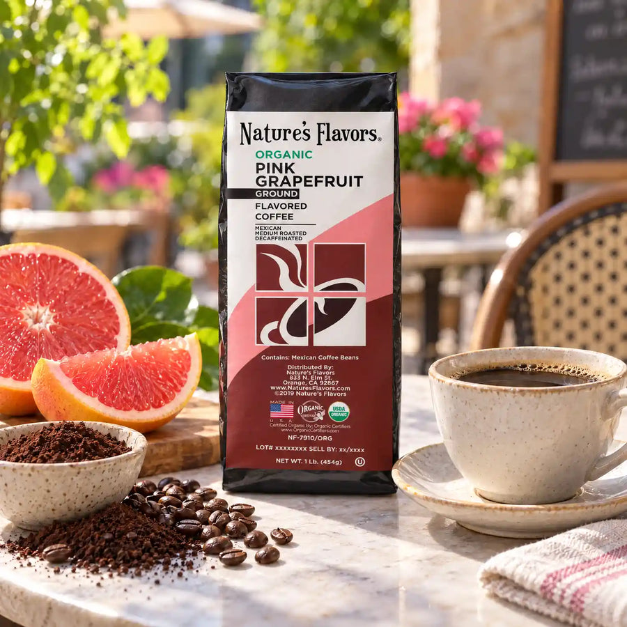 Nature’s Flavors Organic Decaf Pink Grapefruit Flavored Coffee Beans, 1 lb. Ground, beside flavor cues, roasted coffee beans, grounds and a filled coffee drink in a bright lifestyle scene.