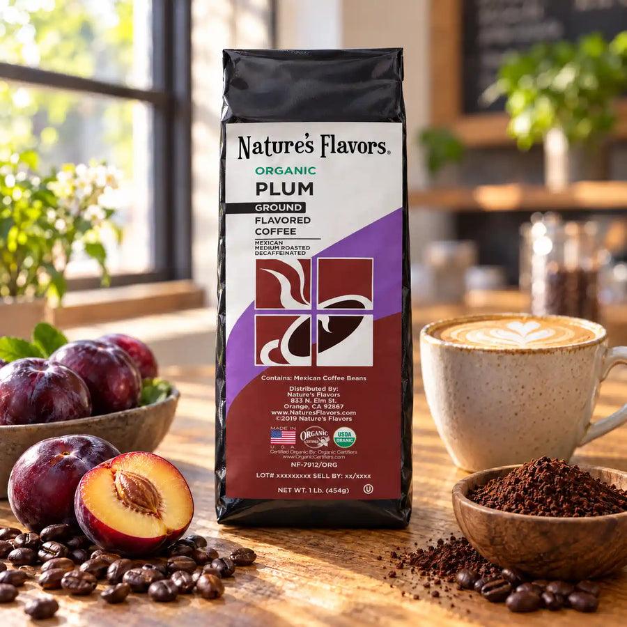 Nature’s Flavors Organic Decaf Plum Flavored Coffee Beans, 1 lb. Ground, beside flavor cues, roasted coffee beans, grounds and a filled coffee drink in a bright lifestyle scene.