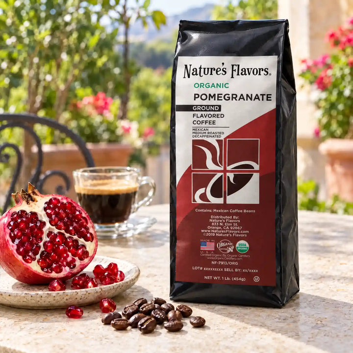 Nature’s Flavors Organic Decaf Pomegranate Flavored Coffee Beans, 1 lb. Ground, in a black labeled bag beside pomegranate, whole roasted coffee beans and a filled coffee drink in a bright coffee scene.