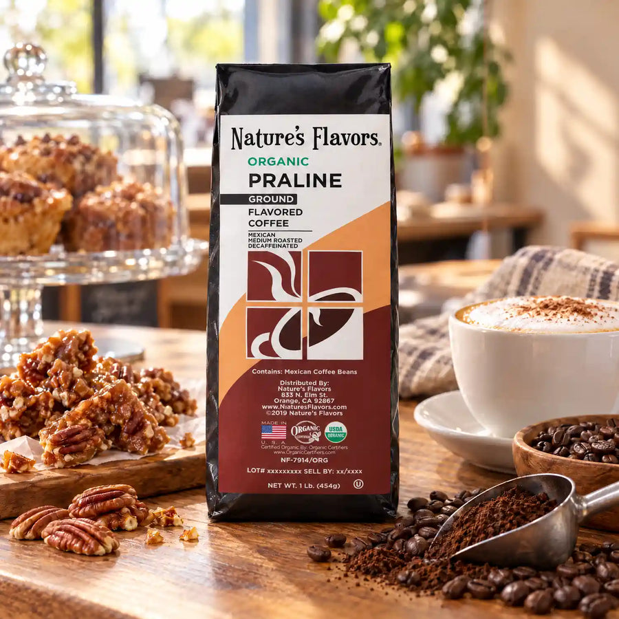 Nature’s Flavors Organic Decaf Praline Flavored Coffee Beans, 1 lb. Ground, beside flavor cues, roasted coffee beans, grounds and a filled coffee drink in a bright lifestyle scene.