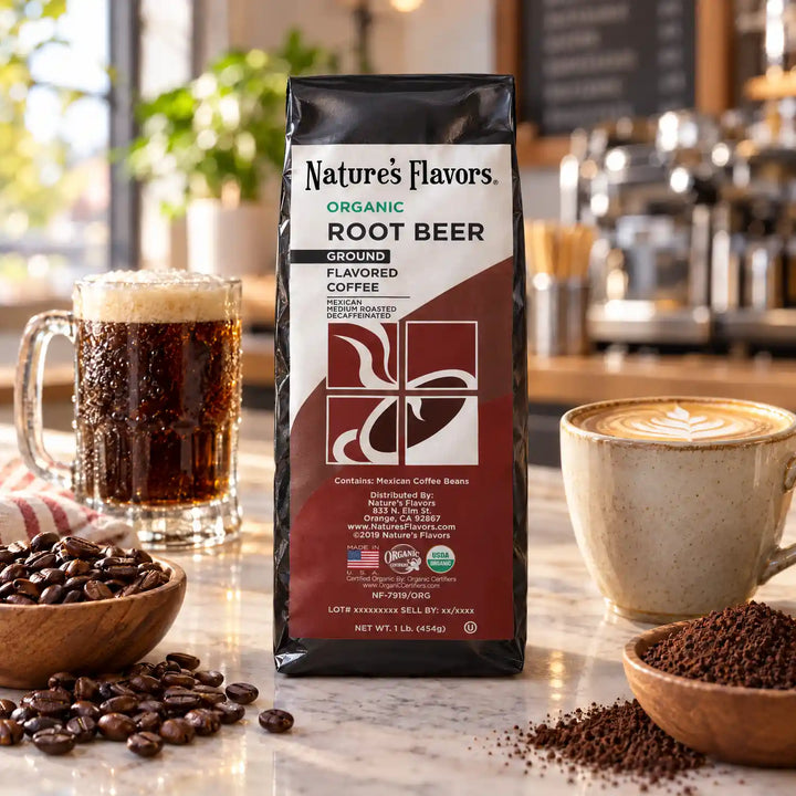 Nature’s Flavors Organic Decaf Root Beer Flavored Coffee Beans, 1 lb. Ground, beside flavor cues, roasted coffee beans, grounds and a filled coffee drink in a bright lifestyle scene.