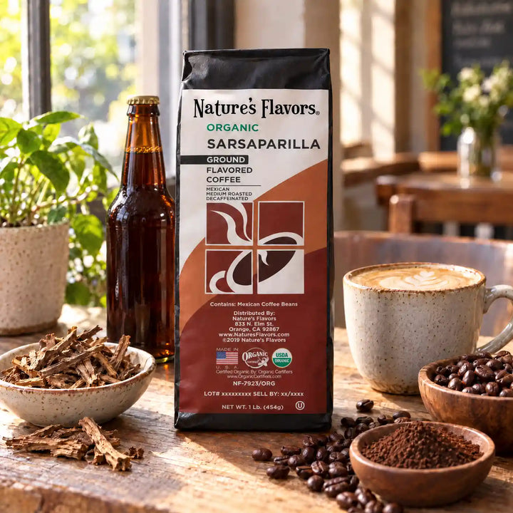 Nature’s Flavors Organic Decaf Sarsaparilla Flavored Coffee Beans, 1 lb. Ground, with an unlabelled brown sarsaparilla bottle behind and to the left of the bag, a latte on the right, bark, roasted beans and grounds.