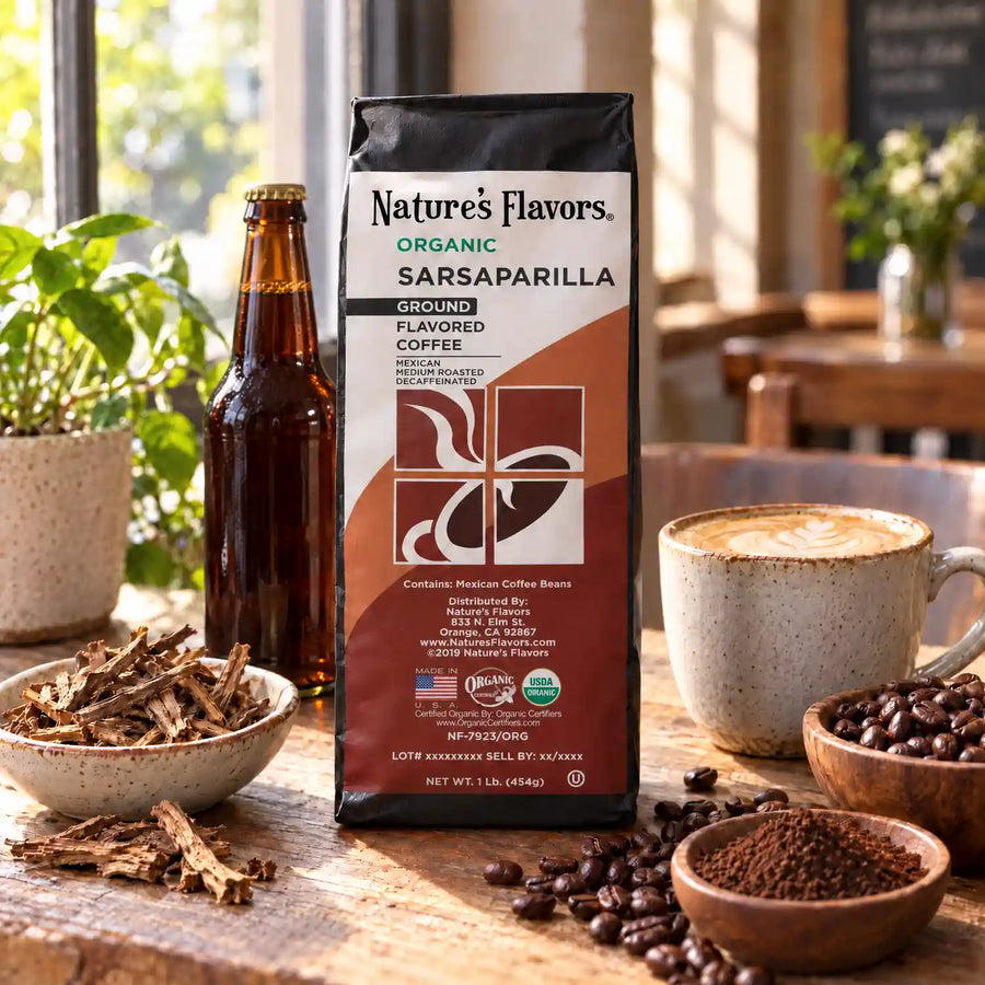 Nature’s Flavors Organic Decaf Sarsaparilla Flavored Coffee Beans, 1 lb. Ground, with an unlabelled brown sarsaparilla bottle behind and to the left of the bag, a latte on the right, bark, roasted beans and grounds.