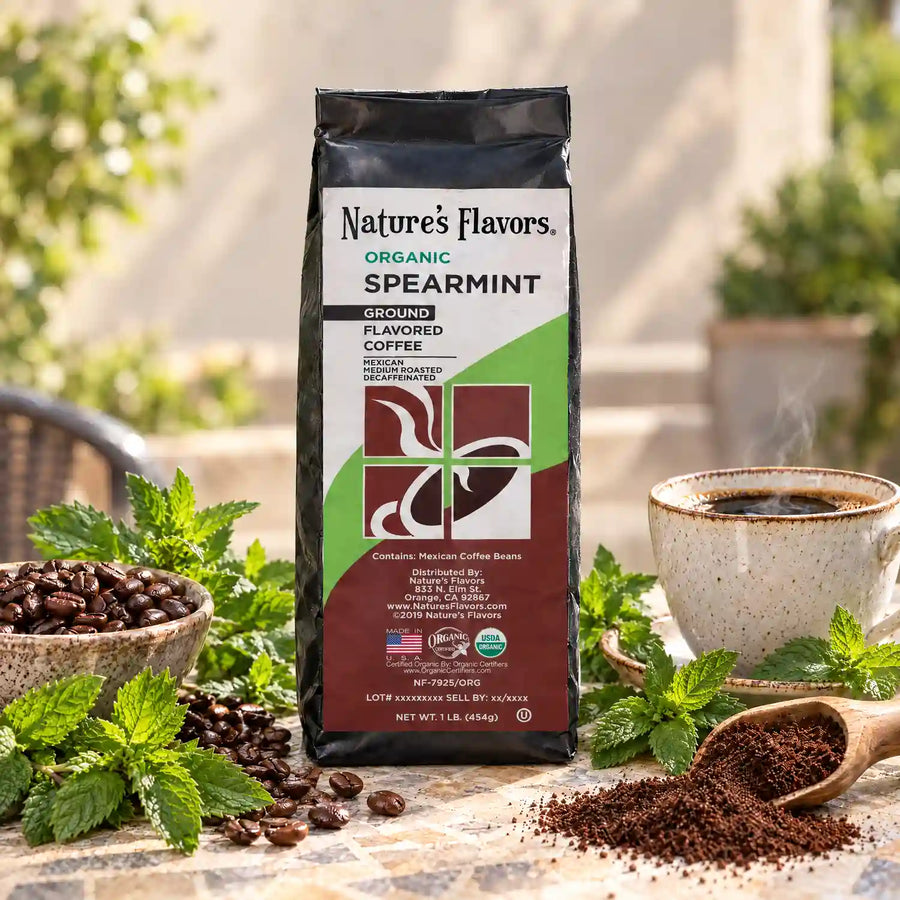 Nature’s Flavors Organic Decaf Spearmint Flavored Coffee Beans, 1 lb. Ground, with abundant fresh spearmint sprigs, coffee beans, grounds and a filled coffee cup on a bright café terrace with a simple blurred background.