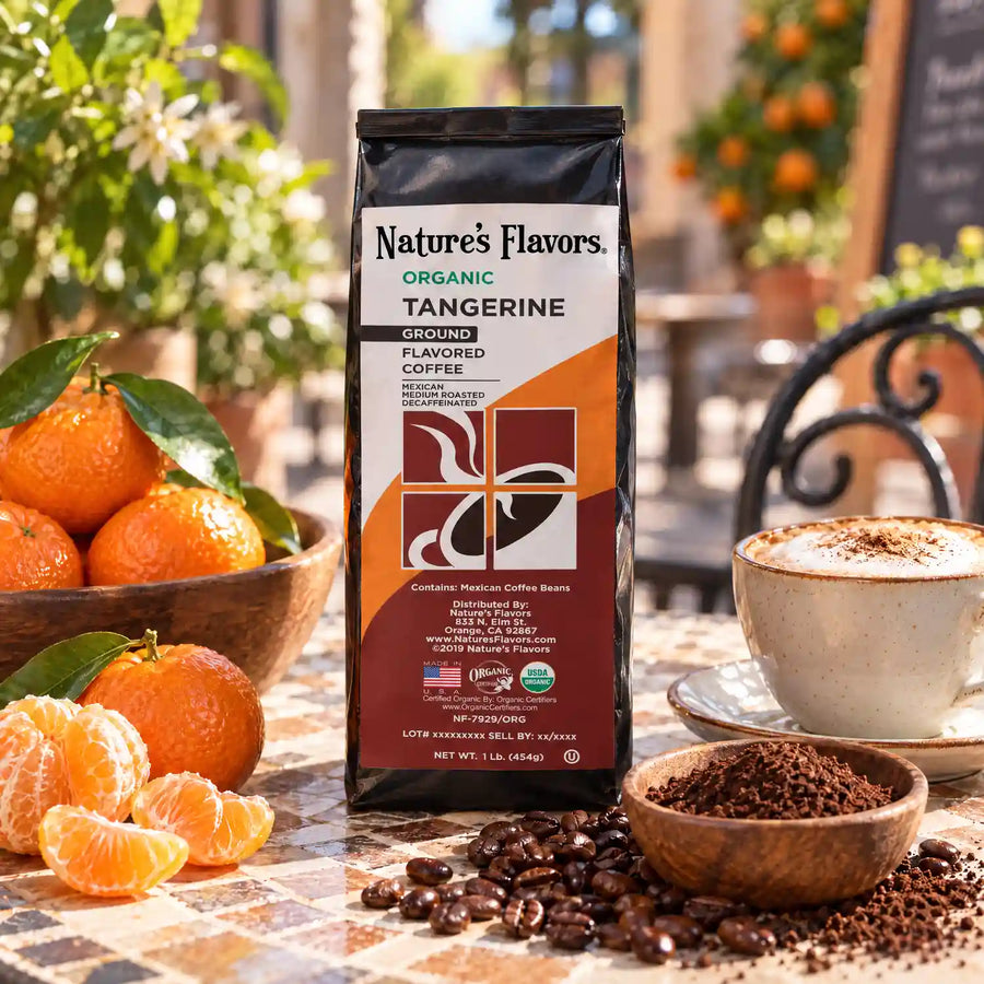 Nature’s Flavors Organic Decaf Tangerine Flavored Coffee Beans, 1 lb. Ground, beside flavor cues, roasted coffee beans, grounds and a filled coffee drink in a bright lifestyle scene.