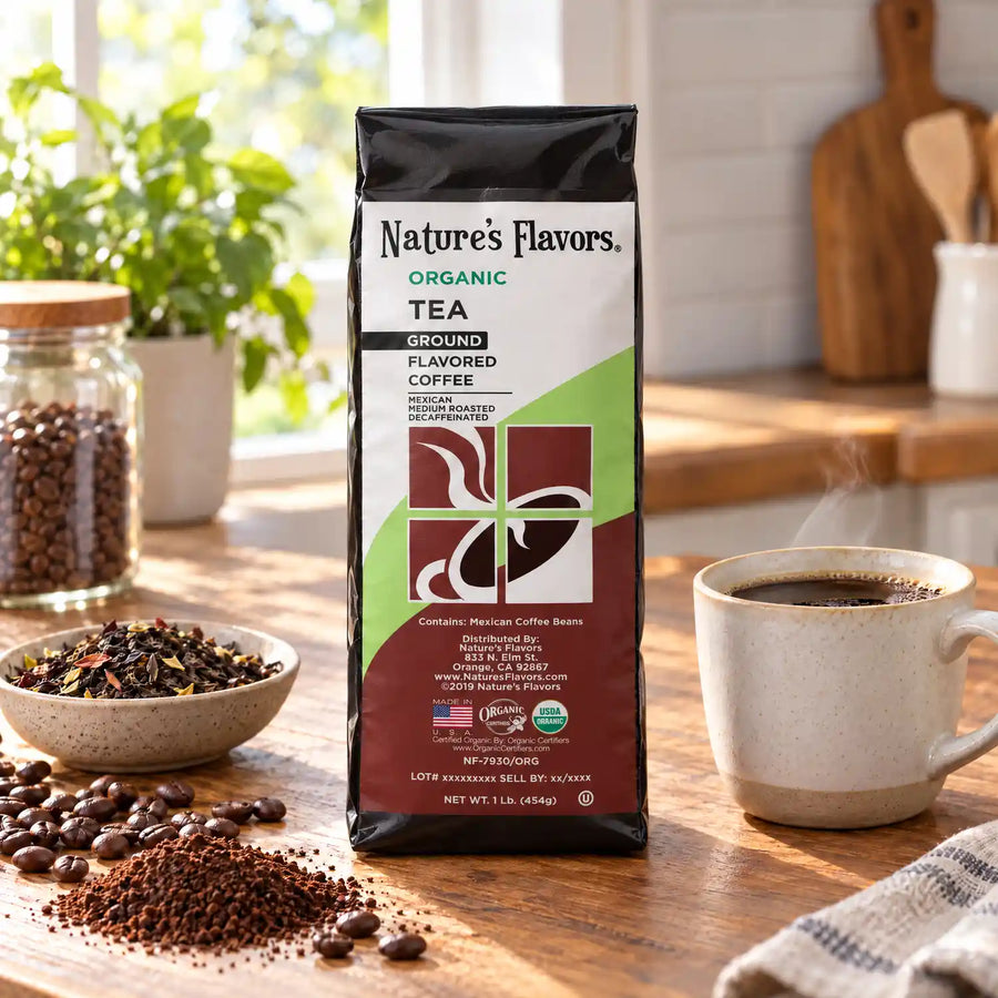 Nature’s Flavors Organic Decaf Tea Flavored Coffee Beans, 1 lb. Ground, beside flavor cues, roasted coffee beans, grounds and a filled coffee drink in a bright lifestyle scene.