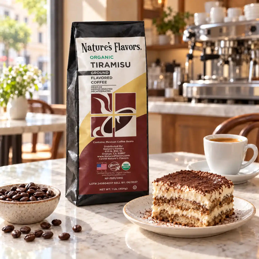 Nature’s Flavors Organic Decaf Tiramisu Flavored Coffee Beans, 1 lb. Ground, in a black labeled bag with whole roasted coffee beans and a filled coffee drink in an Italian coffee shop.