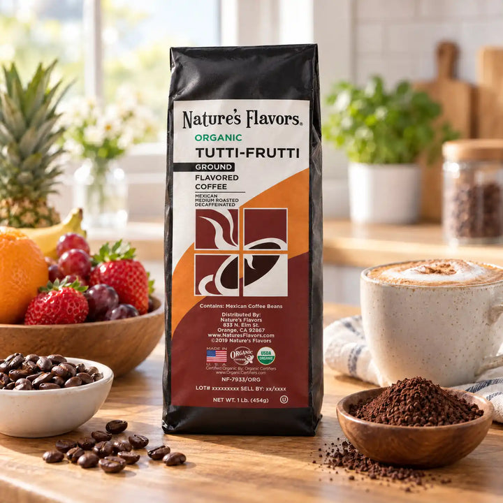 Nature’s Flavors Organic Decaf Tutti-Frutti Flavored Coffee Beans, 1 lb. Ground, beside flavor cues, roasted coffee beans, grounds and a filled coffee drink in a bright lifestyle scene.