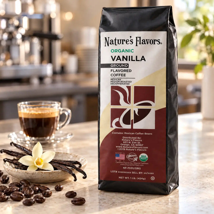Nature’s Flavors Organic Decaf Vanilla Flavored Coffee Beans, 1 lb. Ground, in a black labeled bag beside vanilla pods, whole roasted coffee beans and a filled coffee drink in a bright coffee scene.